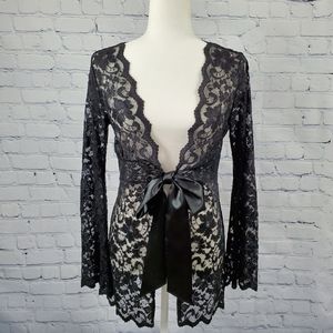 CAbi black lace cardigan with tie. Size M